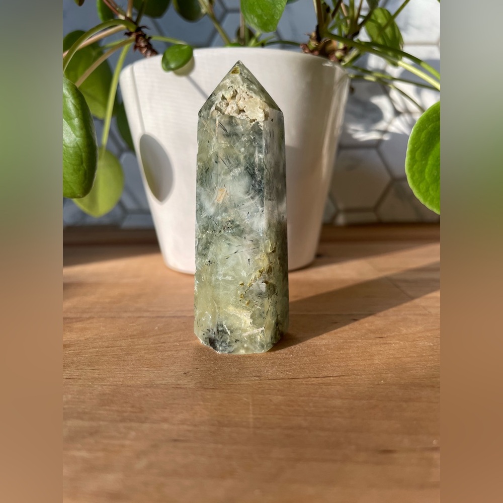 Prehnite Epidote Crystal Point Tower